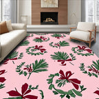 Botanical Wreath Crimson Bow Pink Background Rug