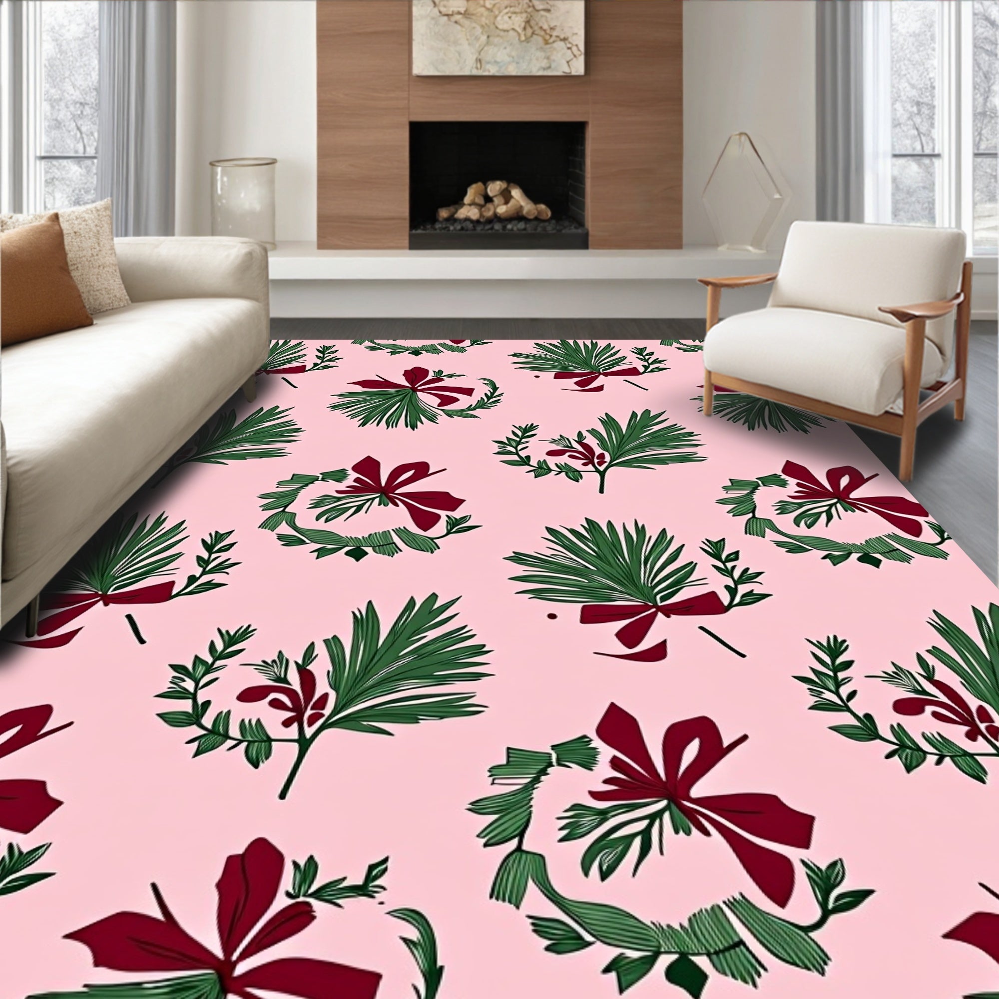 Botanical Wreath Crimson Bow Pink Background Rug