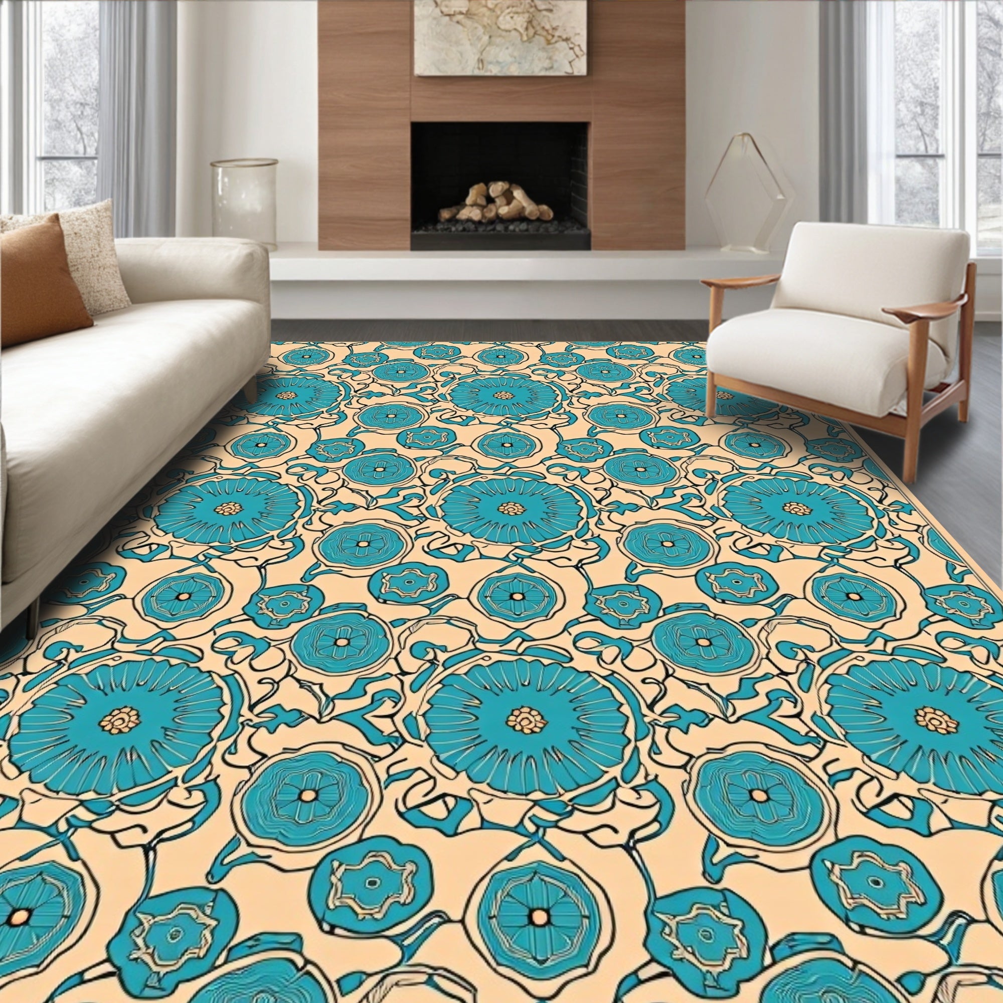 Aqua Floral Medallion Beige Line Art Rug