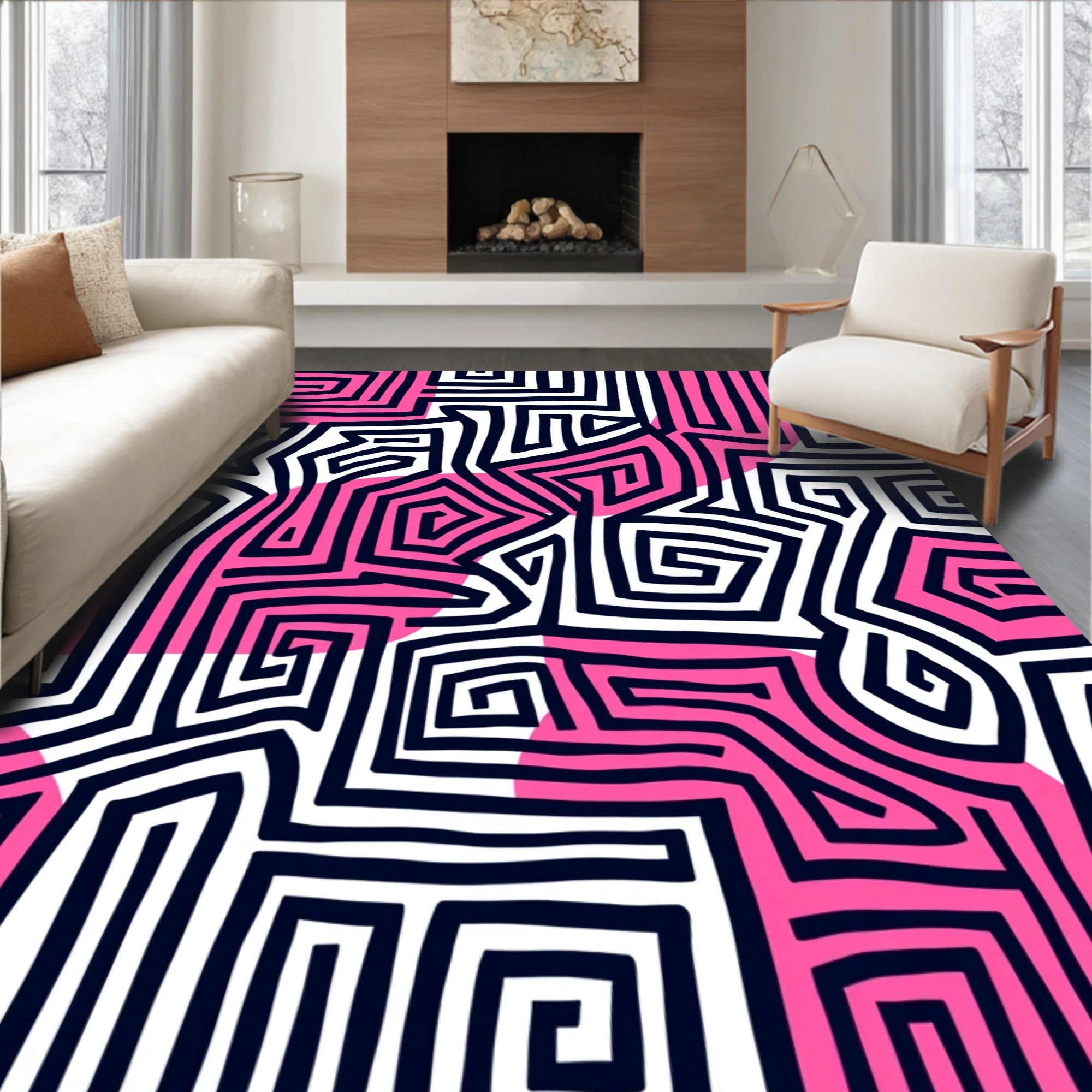 Bold Pink Maze Lines Rug