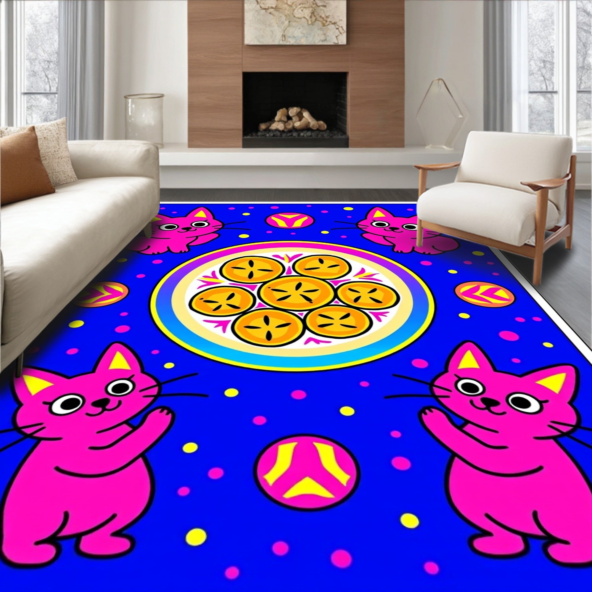 Vibrant Pink Cats Round Medallion Rug