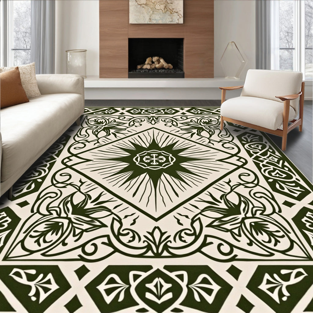 Dark Green Cream Floral Medallion Border Rug
