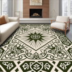 Dark Green Cream Floral Medallion Border Rug