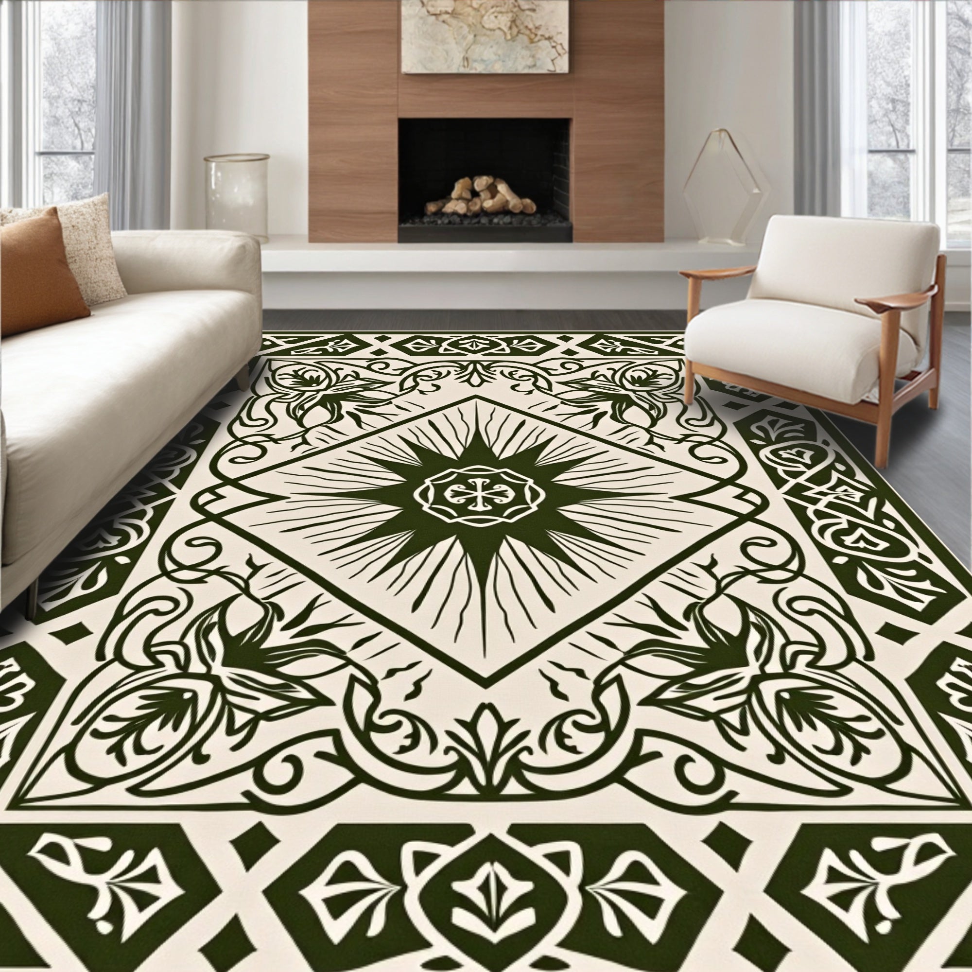 Dark Green Cream Floral Medallion Border Rug