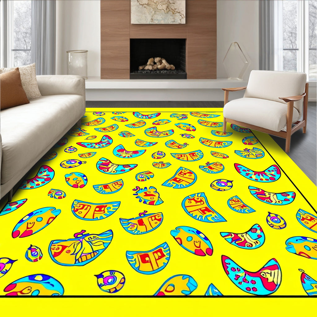 Vibrant Yellow Folk Art Shapes Rug