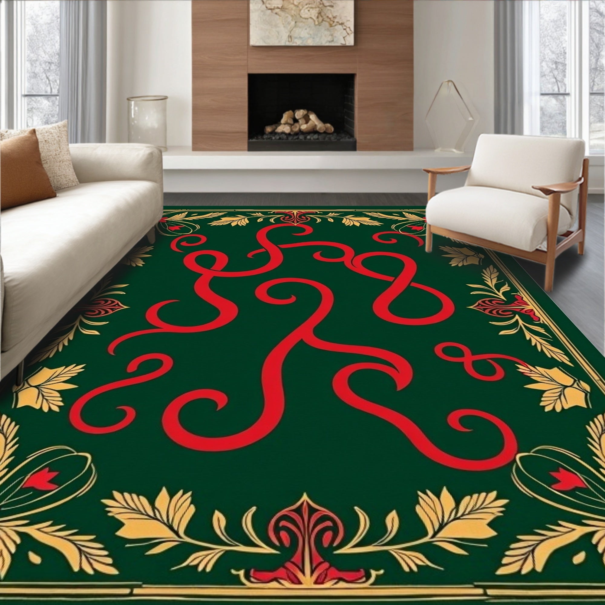 Rich Emerald Red Swirl Floral Border Rug