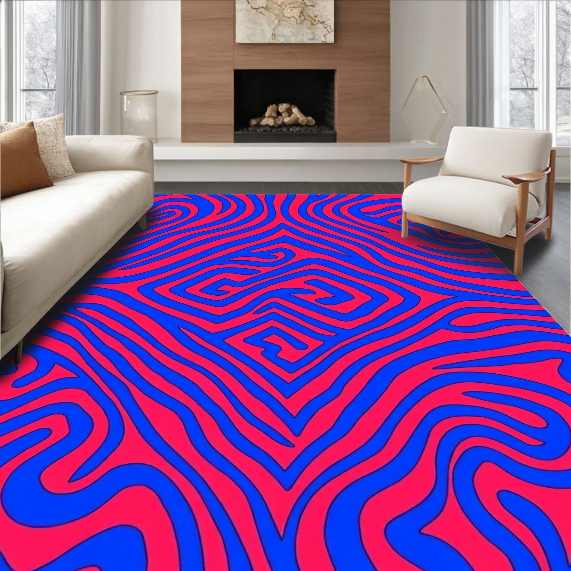 Crimson Blue Swirl Abstract Rug