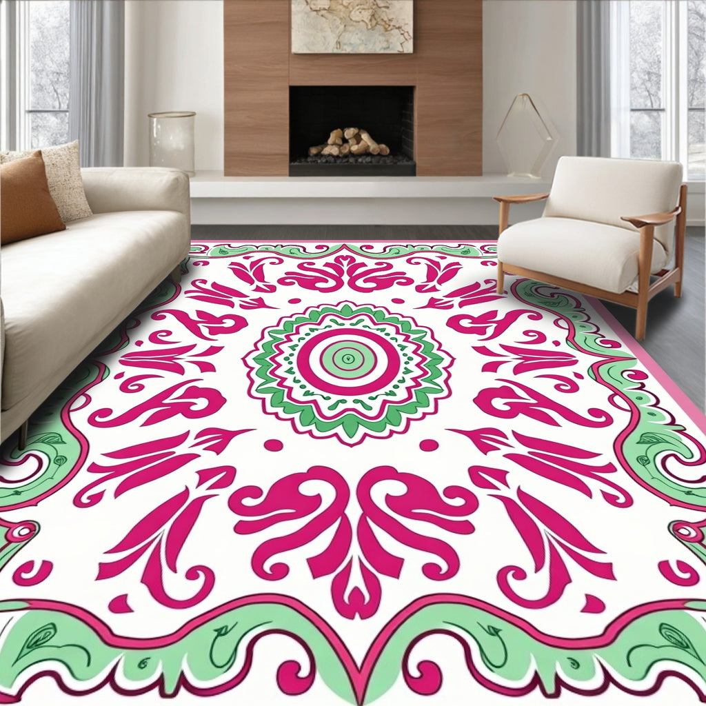 Fuchsia Mint Floral Frame Medallion Rug