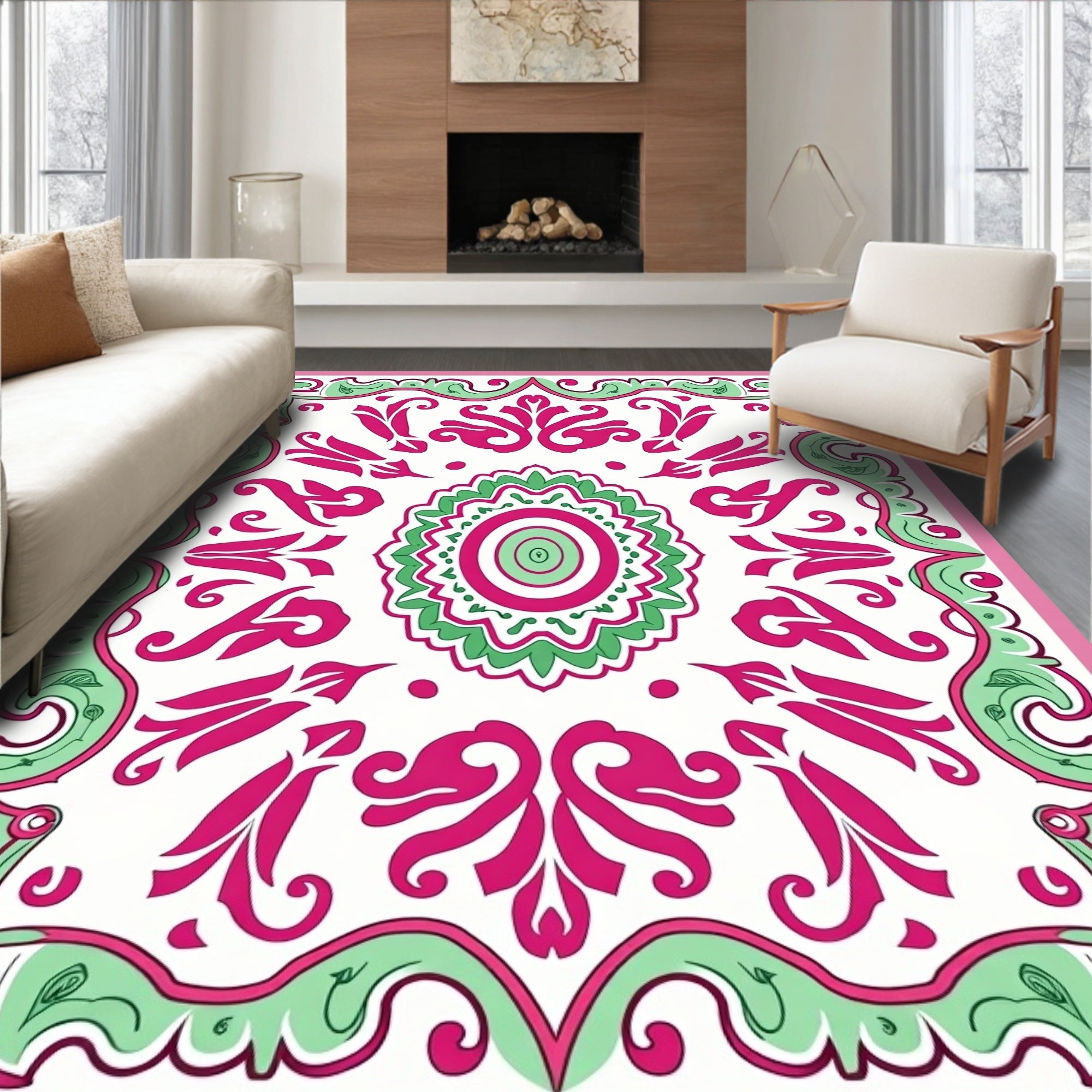 Fuchsia Mint Floral Frame Medallion Rug