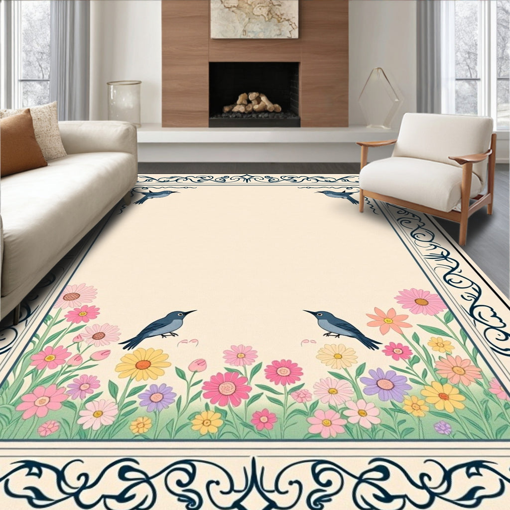 Spring Garden Birds Floral Frame Rug