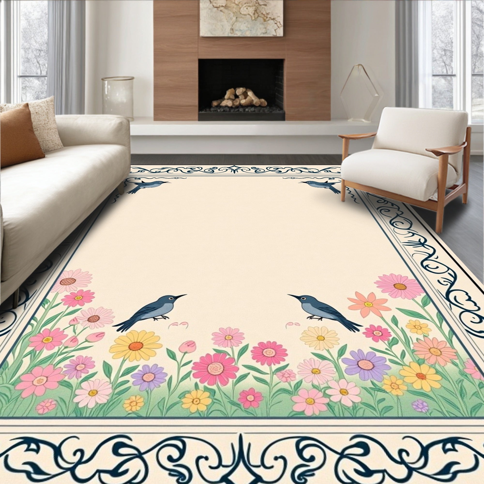 Spring Garden Birds Floral Frame Rug