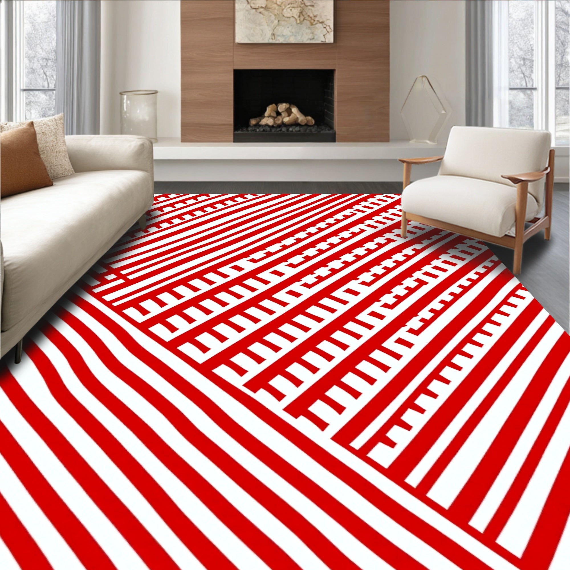 Bold Red and White Line Art Rug