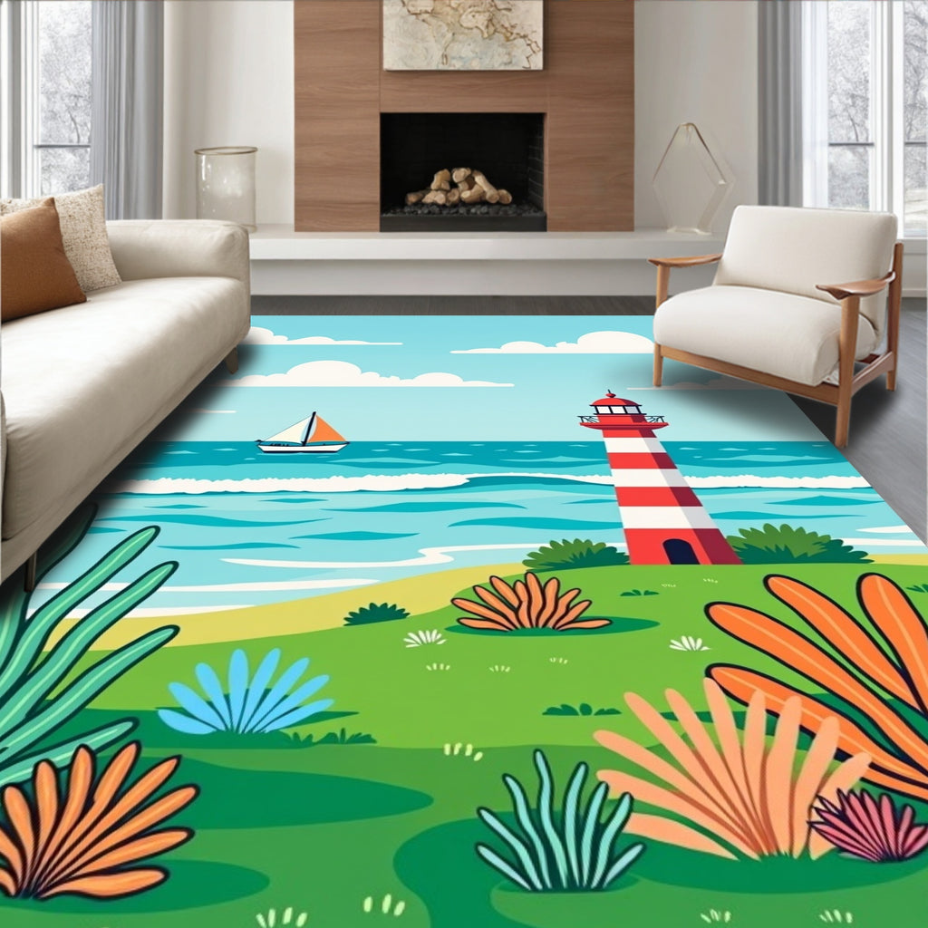 Coastal Lighthouse Sailboat Beach Scenes Rug