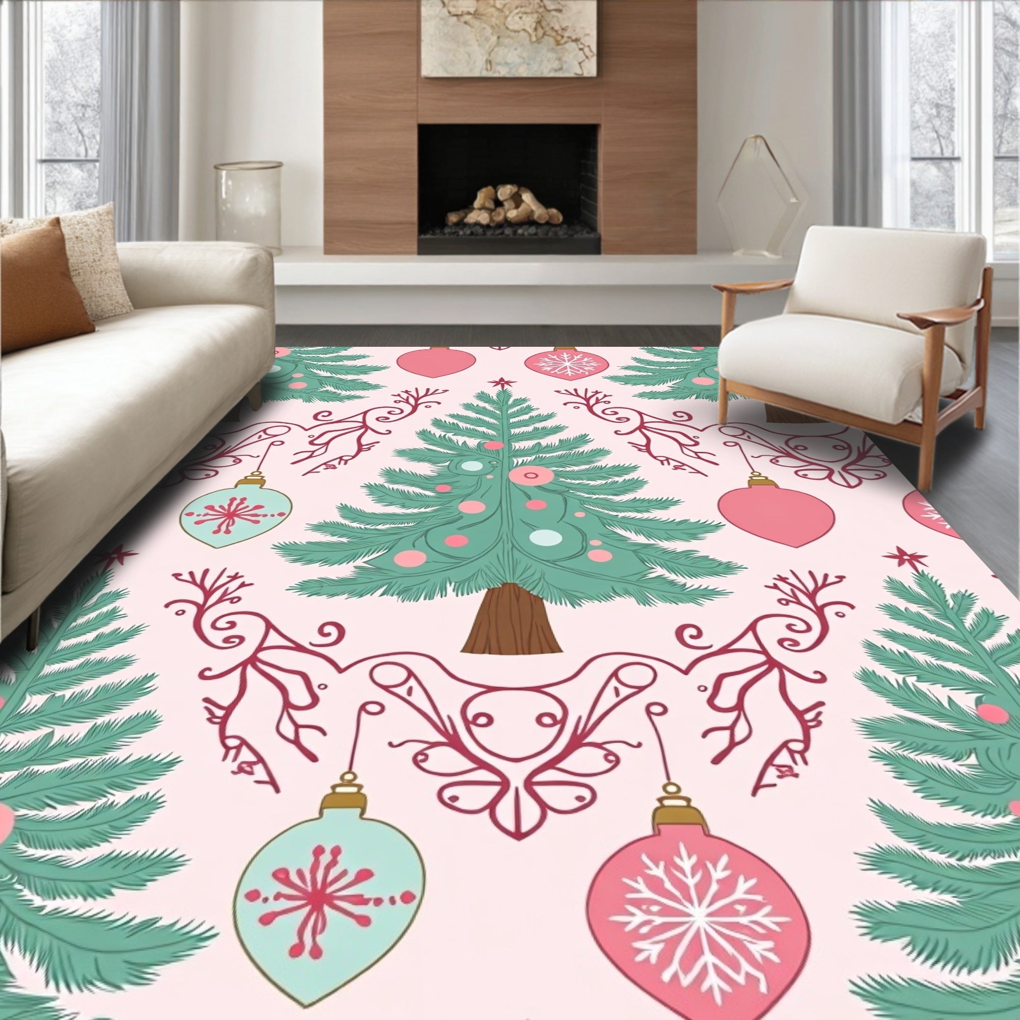 Retro Christmas Tree Ornaments Pink Teal Rug