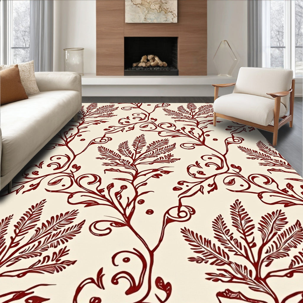 Deep Red Botanical Vine Scroll Rug