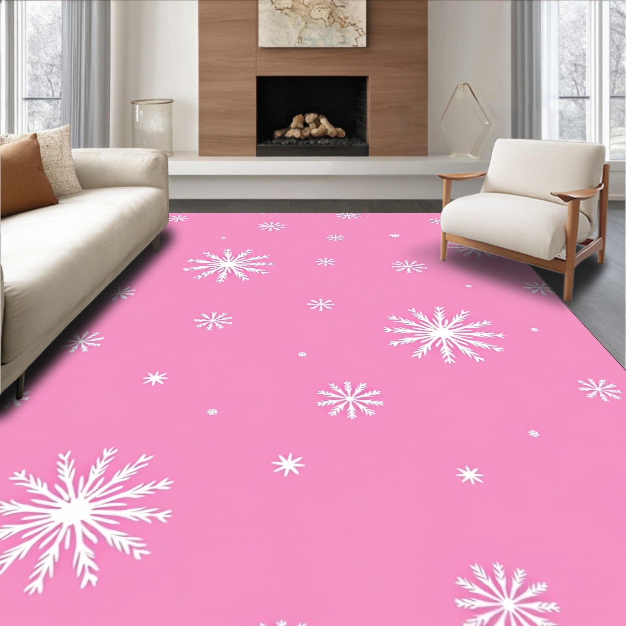 Pink White Snowflake Scatter Rug