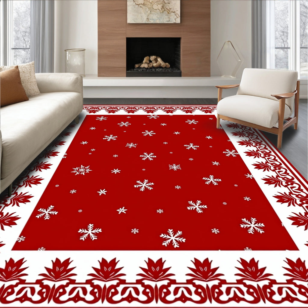 Festive Red Snowflake Border Rug