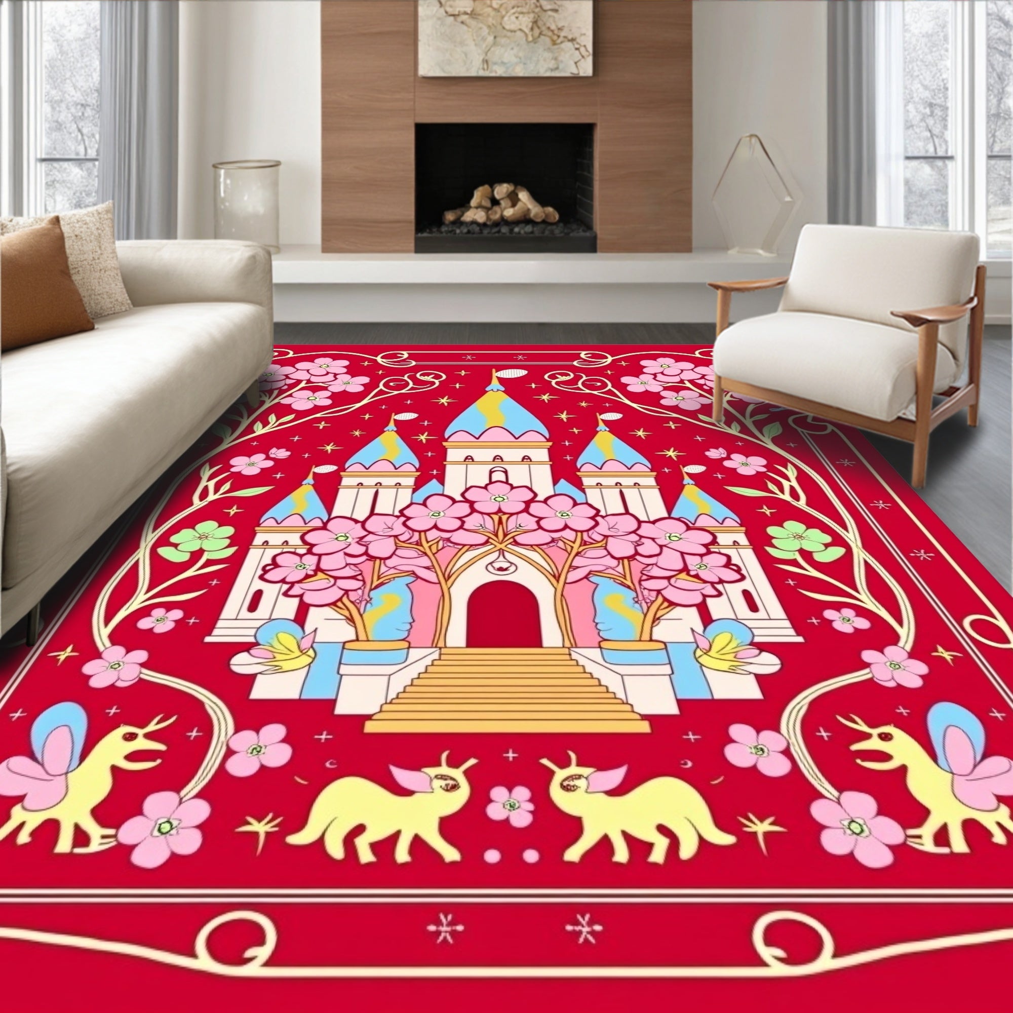 Red Floral Castle Whimsical Creatures Rug
