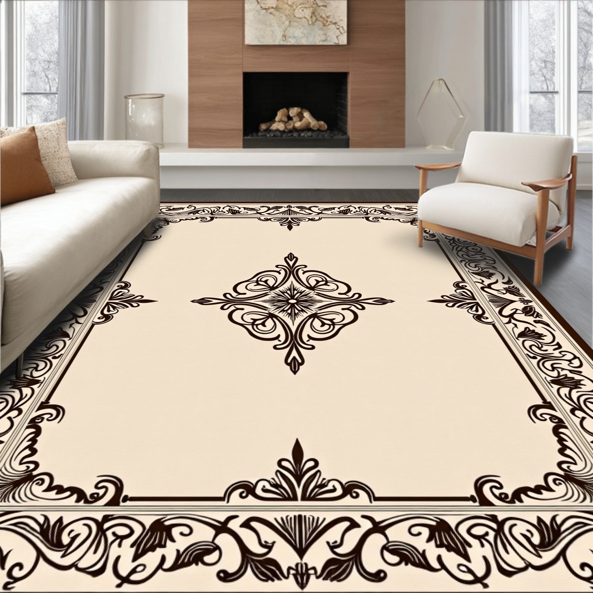 Ornate Scrollwork Medallion Cream Rug