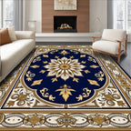 Navy Gold Floral Medallion Frame Rug