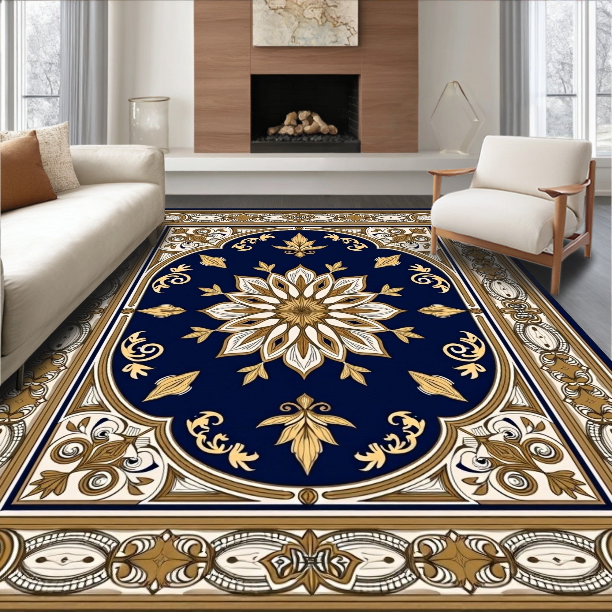 Navy Gold Floral Medallion Frame Rug