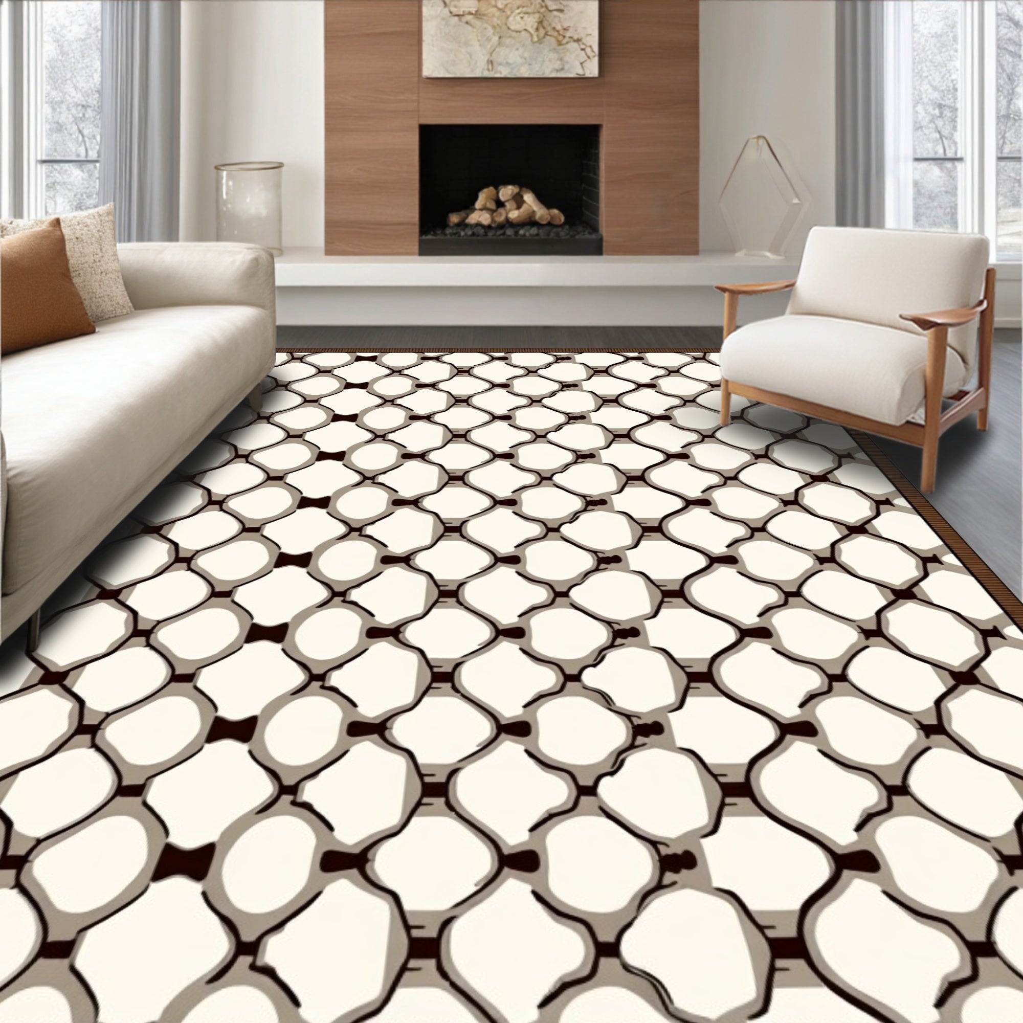 Cream Brown Woven Chain Link Rug