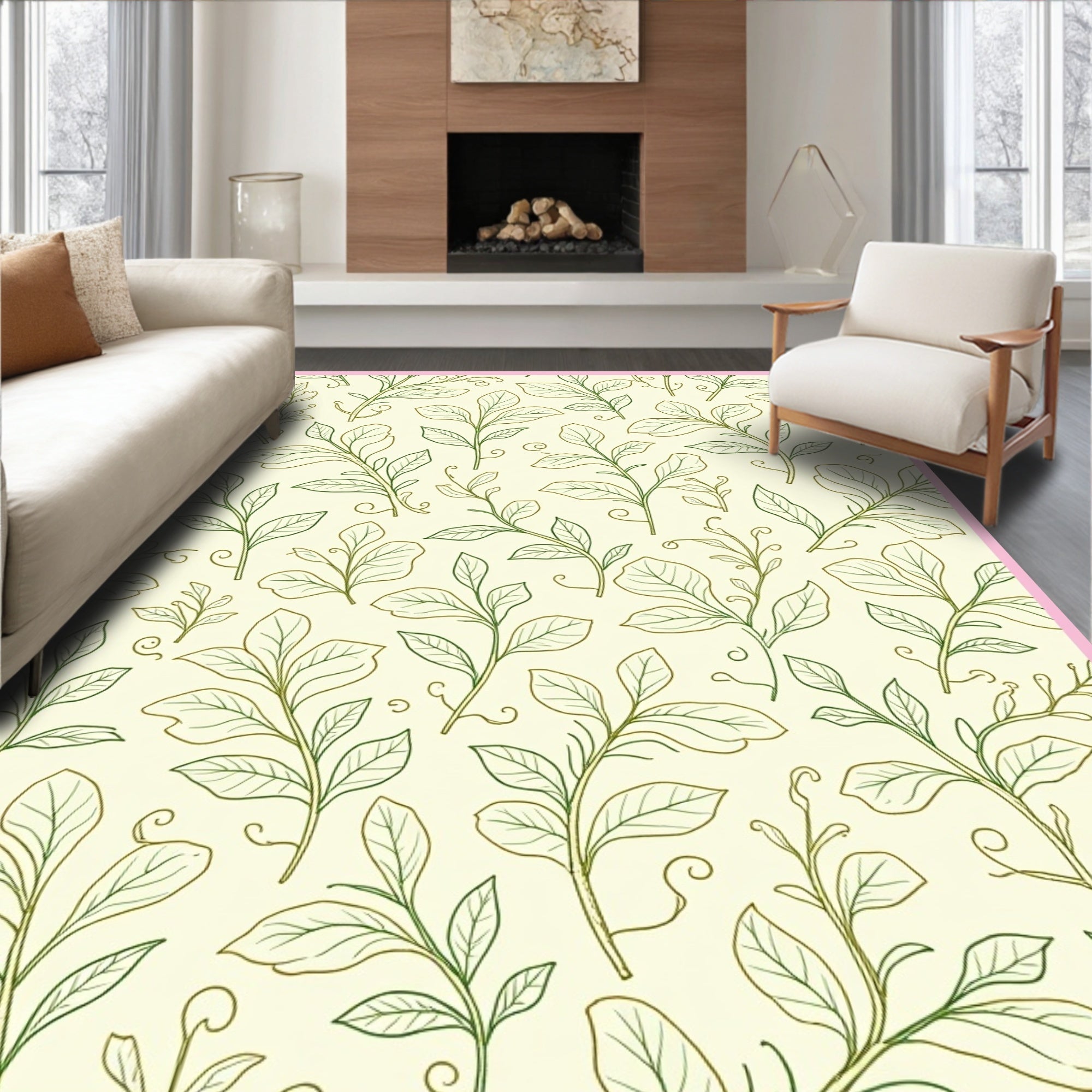 Verdant Leafy Branches on Cream Background Rug