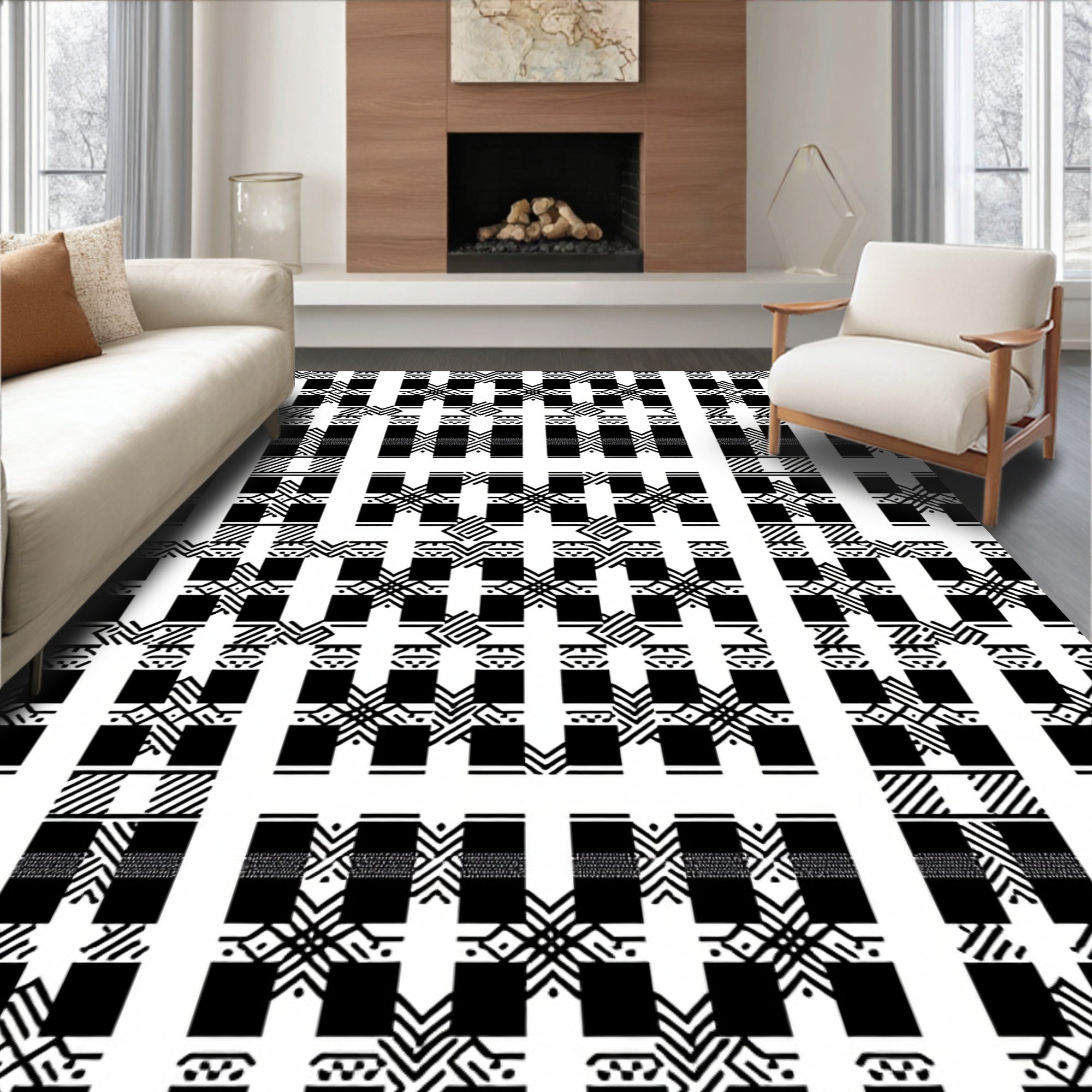 Monochrome Geometric Square Interlock Rug