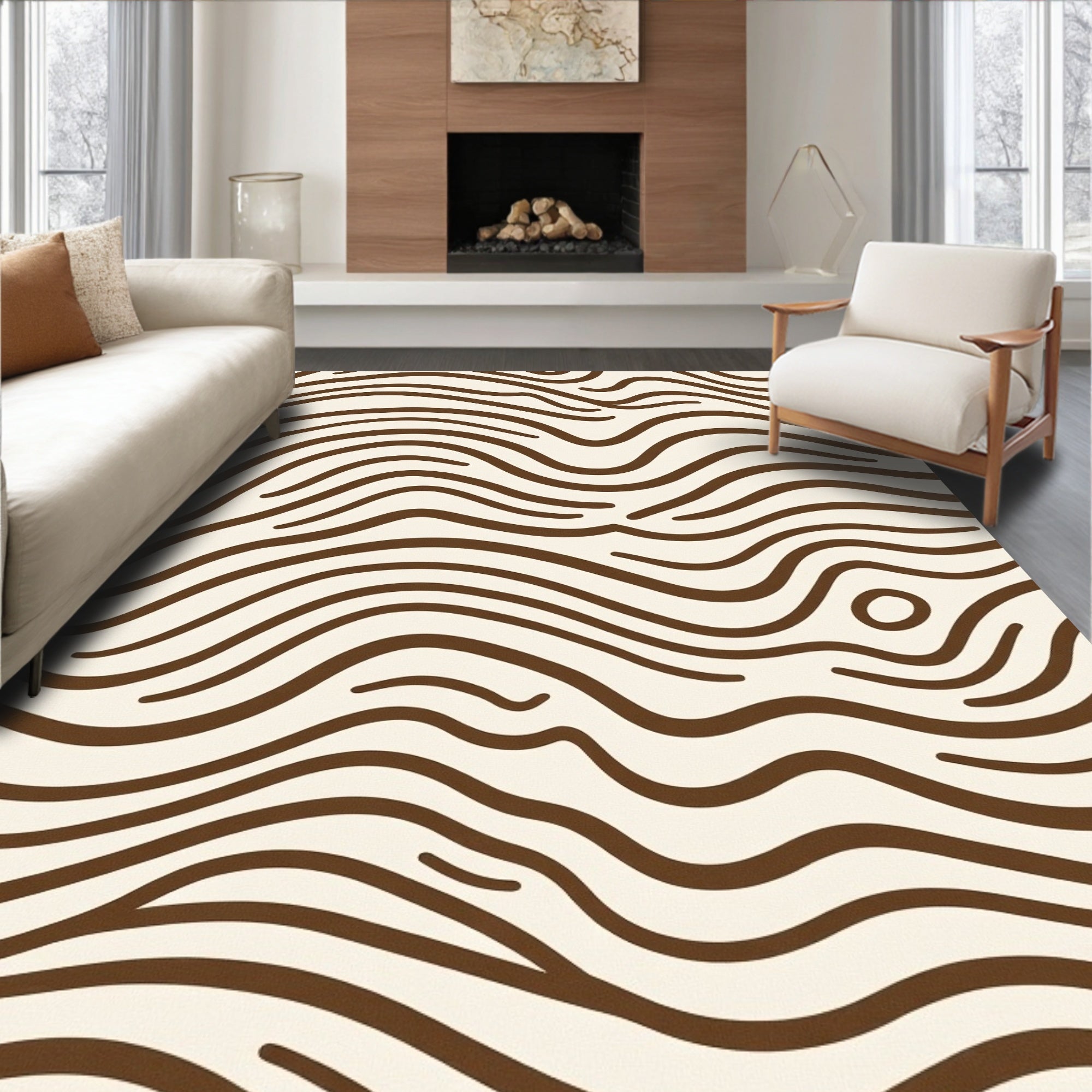 Organic Brown Wavy Lines Cream Rug