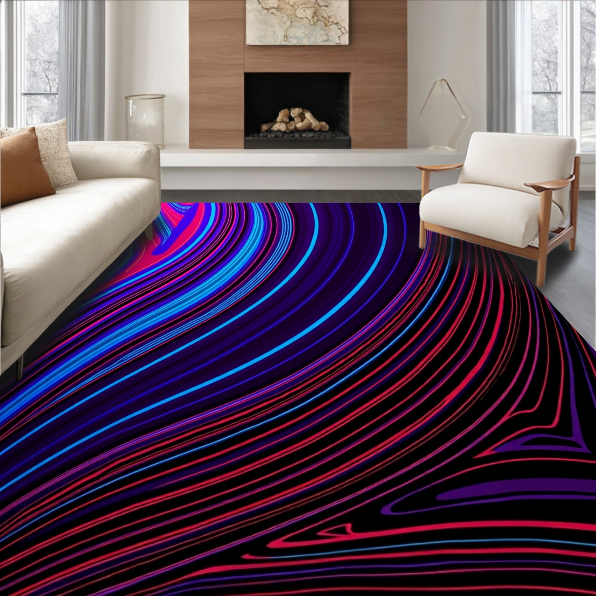 Vibrant Electric Swirl Fluid Lines Rug