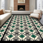 Cream Black Teal Damask Tile Rug