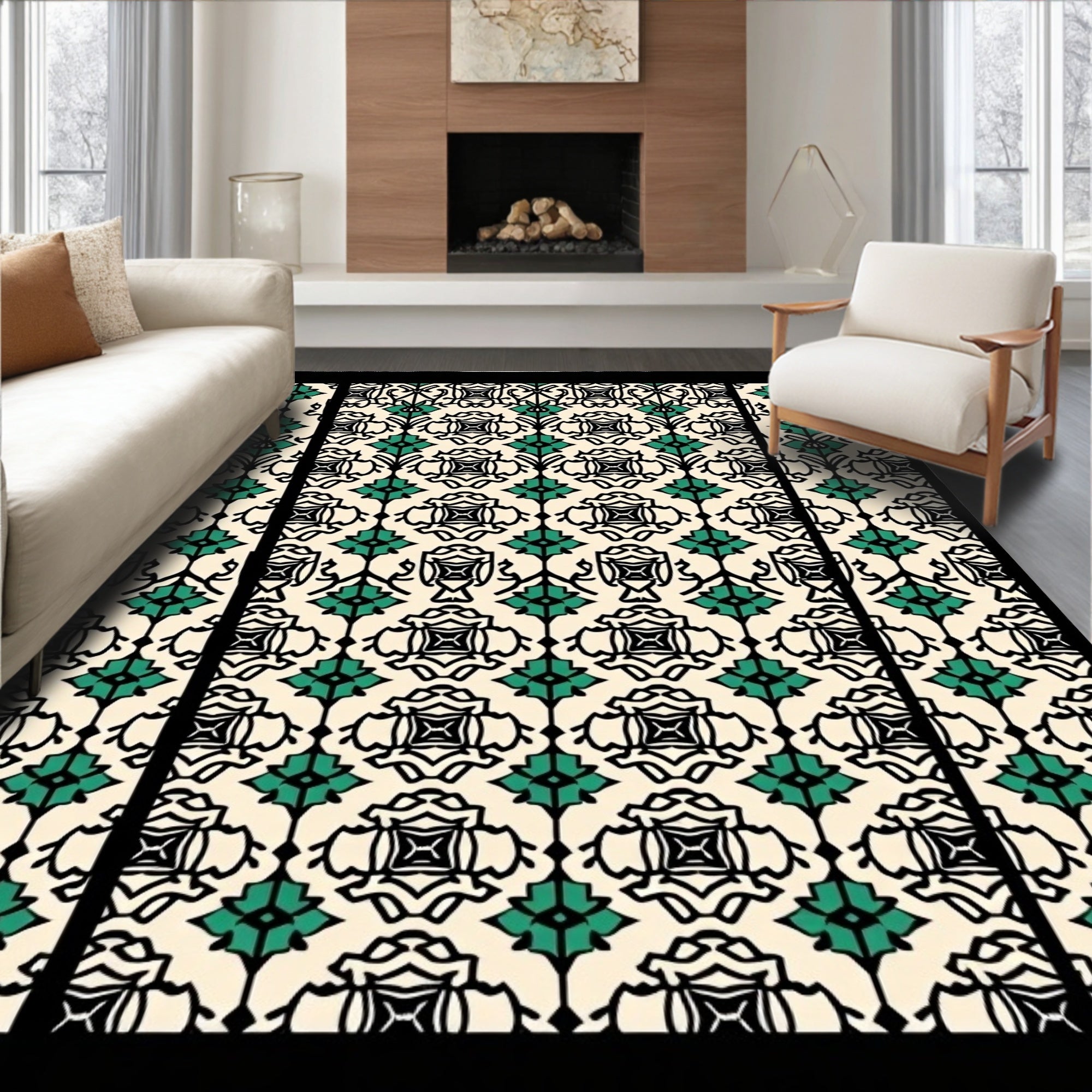 Cream Black Teal Damask Tile Rug