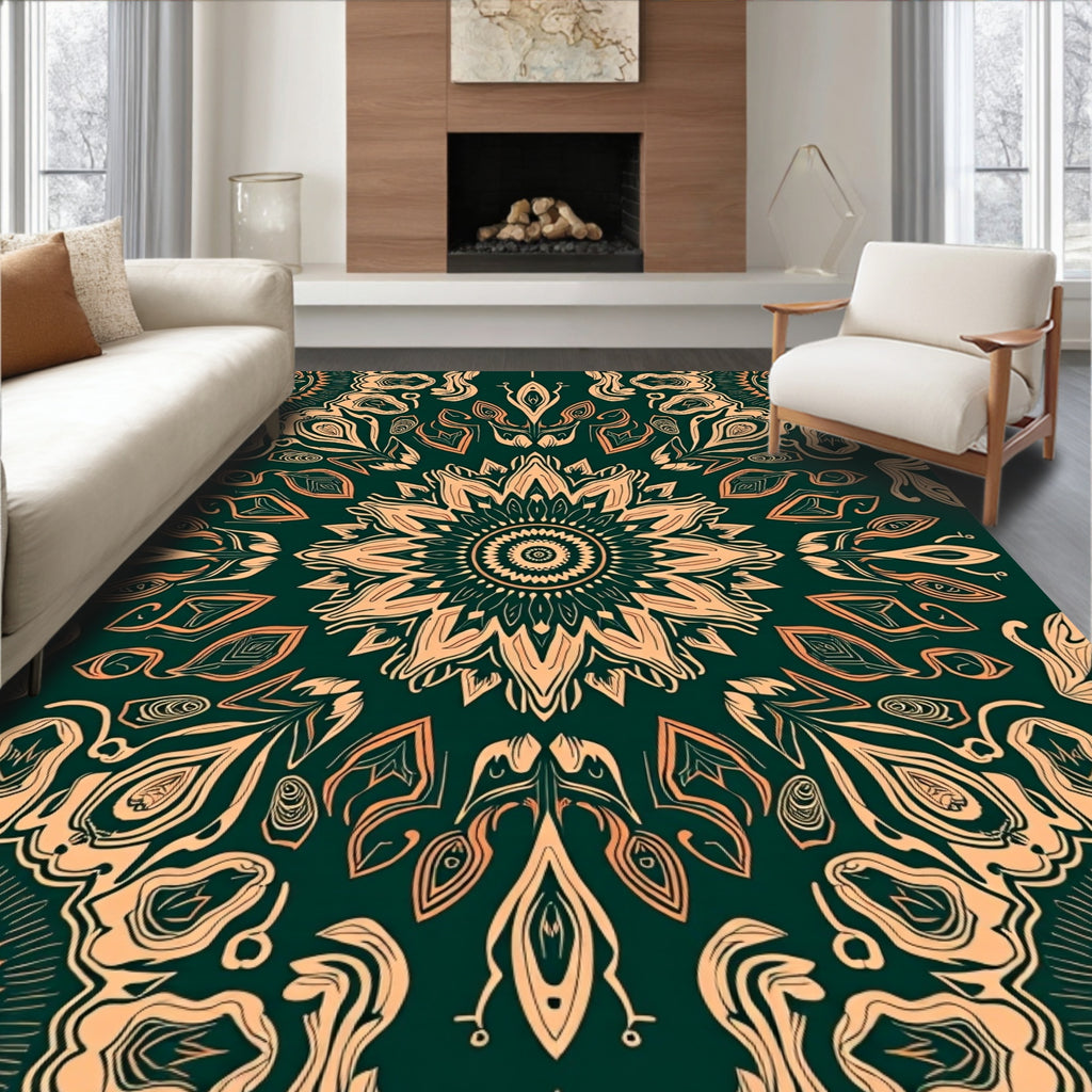 Dark Teal Golden Floral Mandala Rug