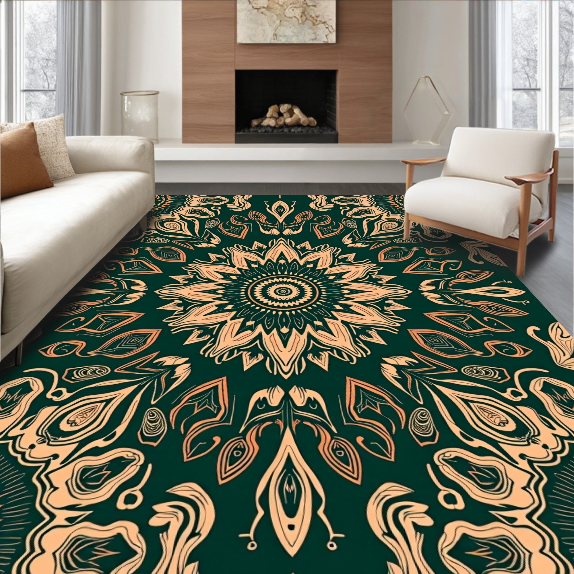Dark Teal Golden Floral Mandala Rug