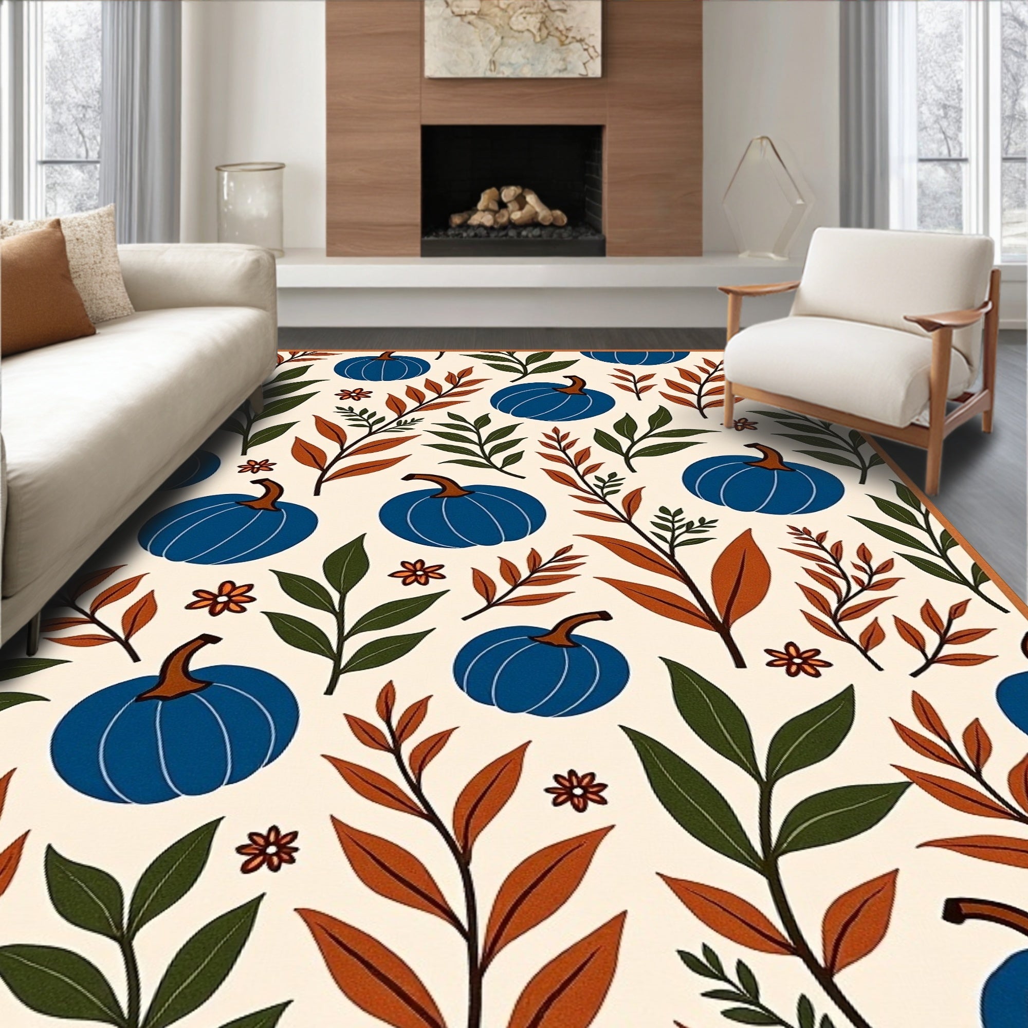 Cobalt Blue Pumpkin Autumn Floral Vine Rug