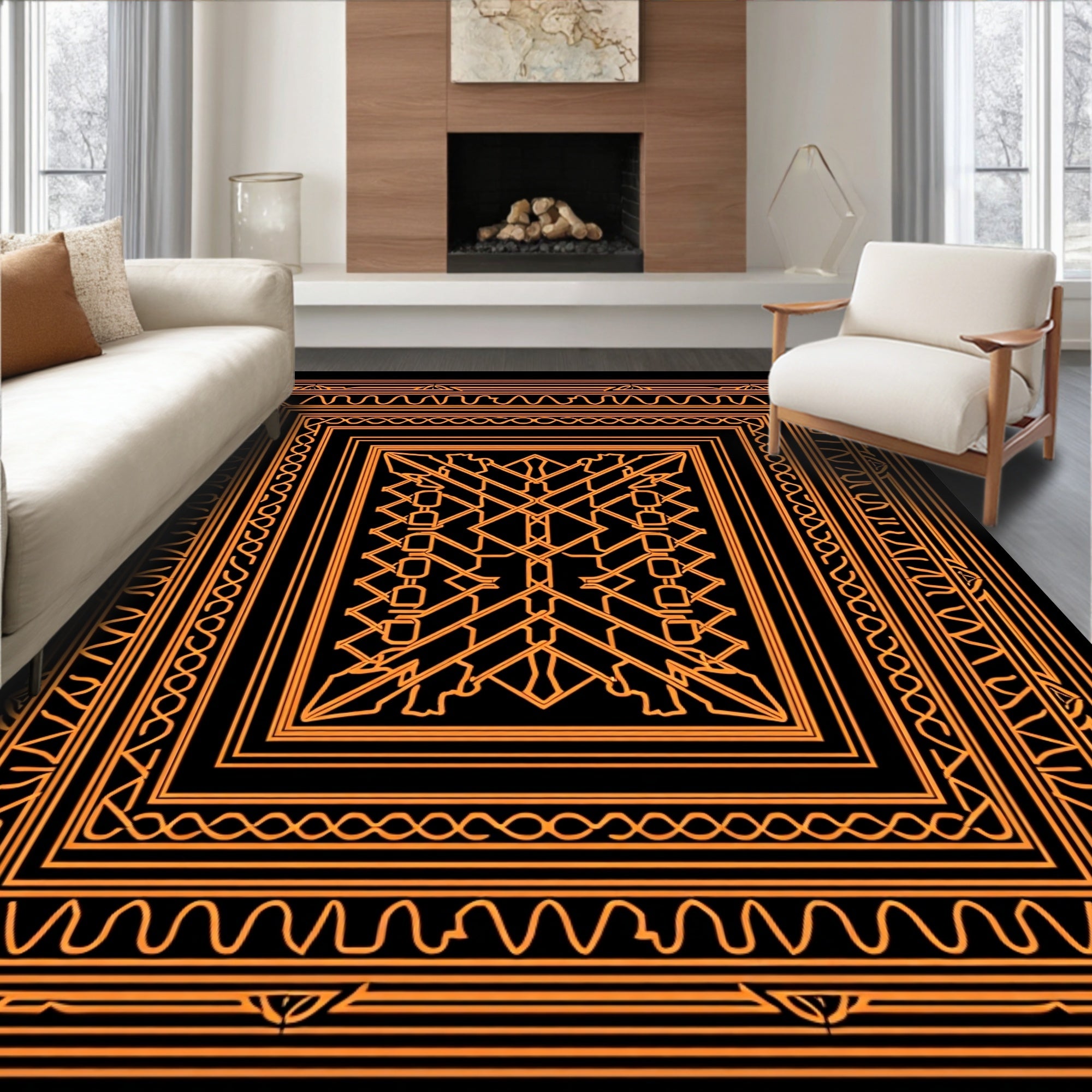 Orange Geometric Abstract Border Rug