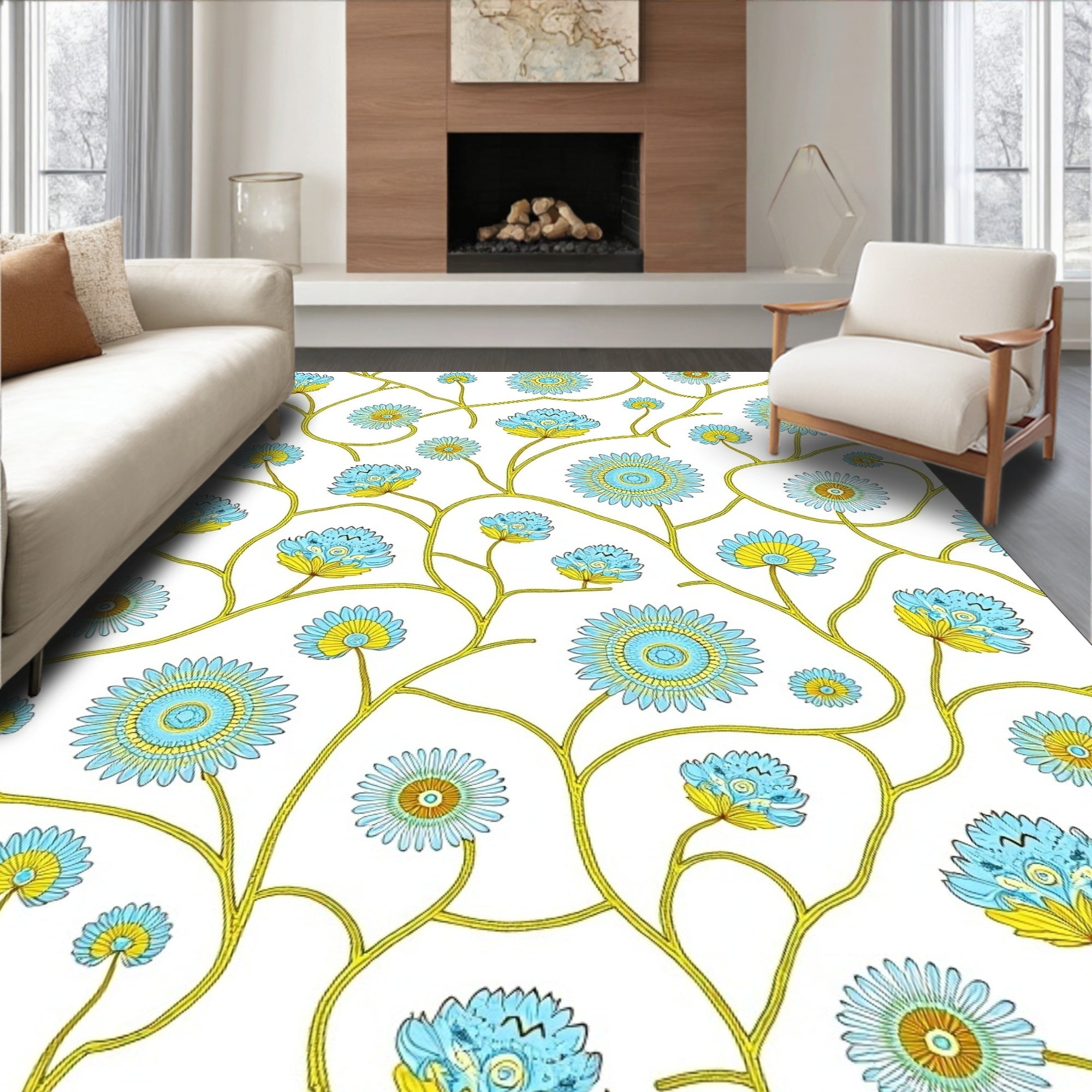 Turquoise Blue Floral Vine Medallion Rug
