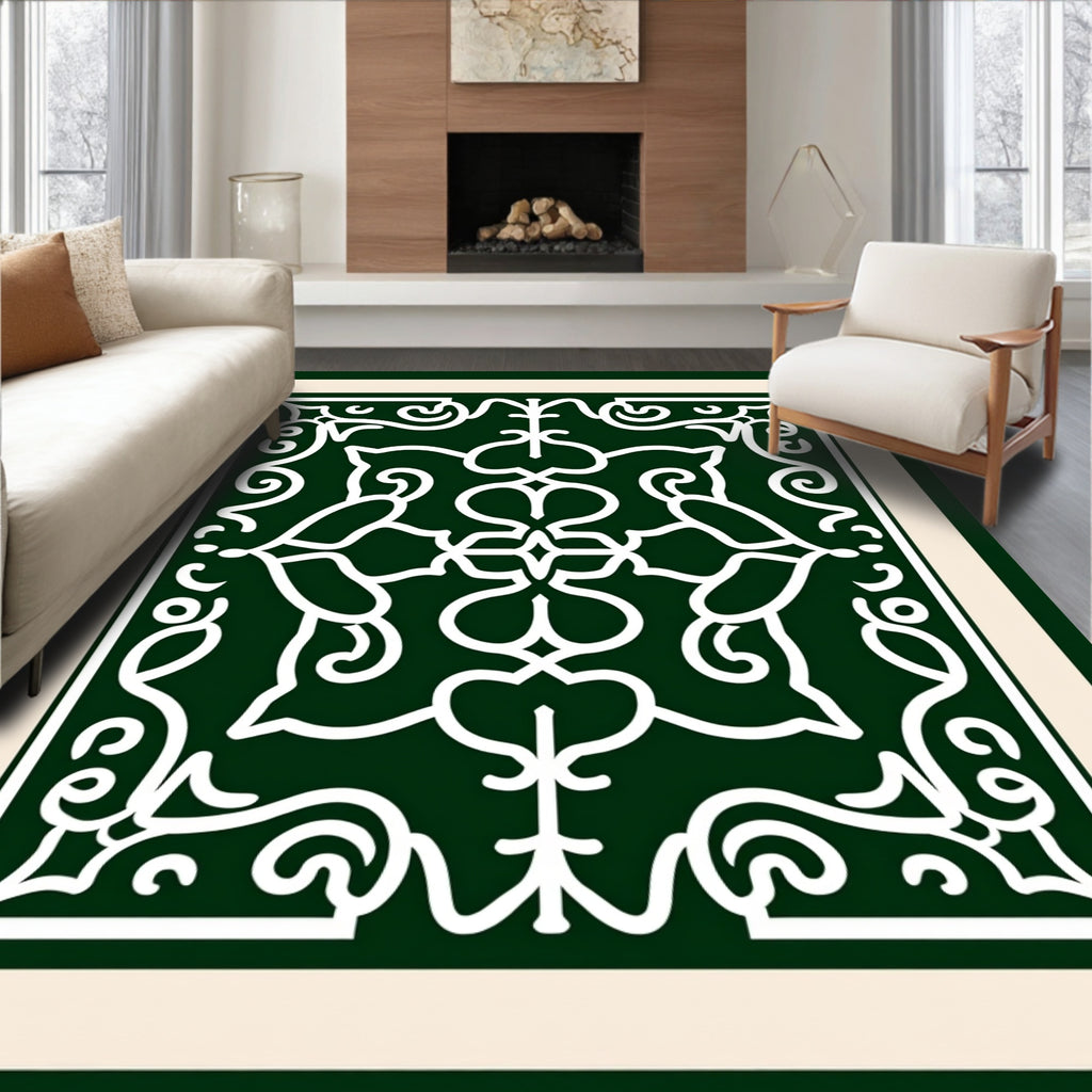Deep Emerald White Floral Scroll Rug