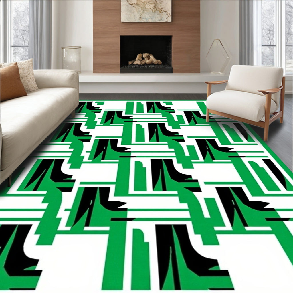 Green Black Geometric Abstract Forms Rug