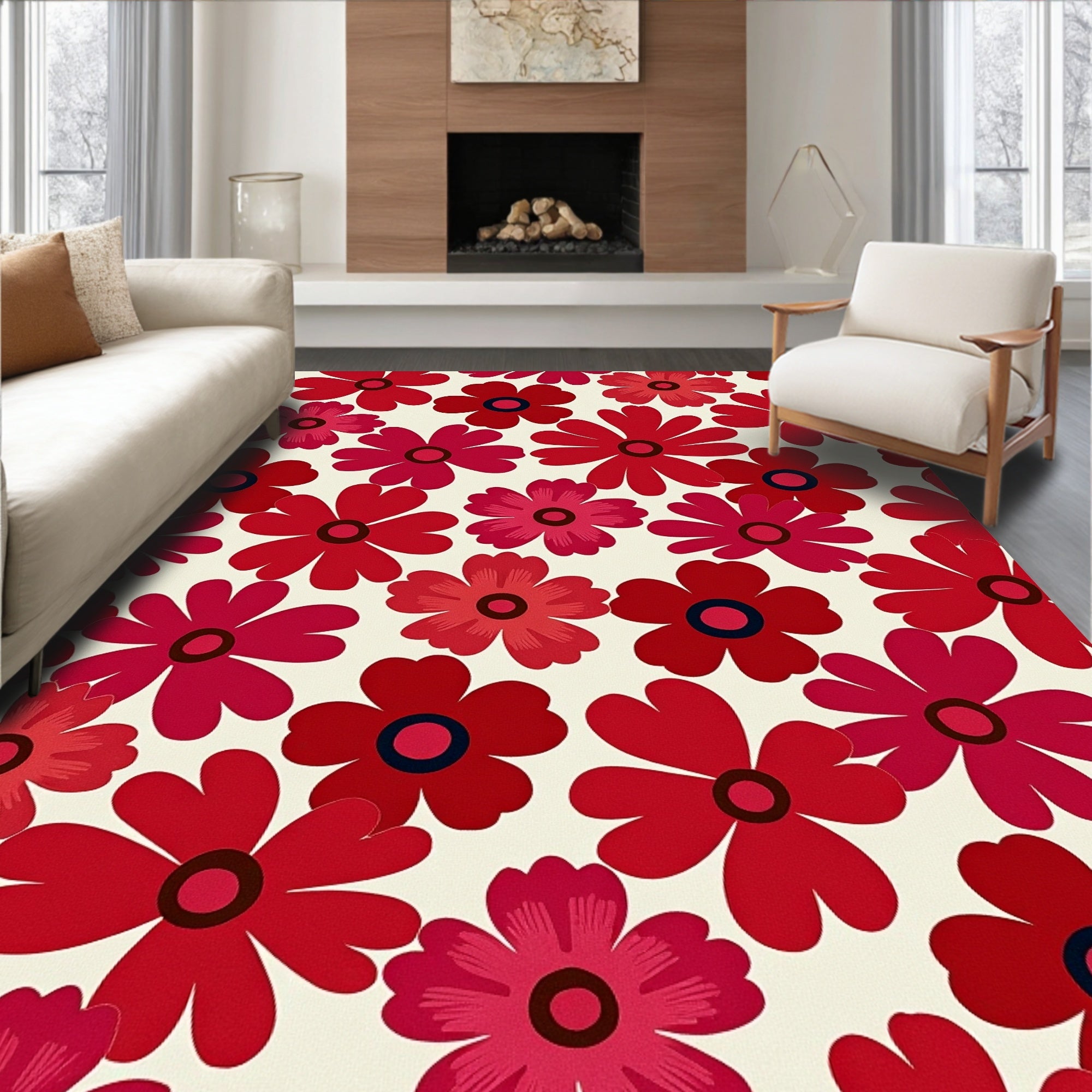 Retro Red Floral Bloom Rug