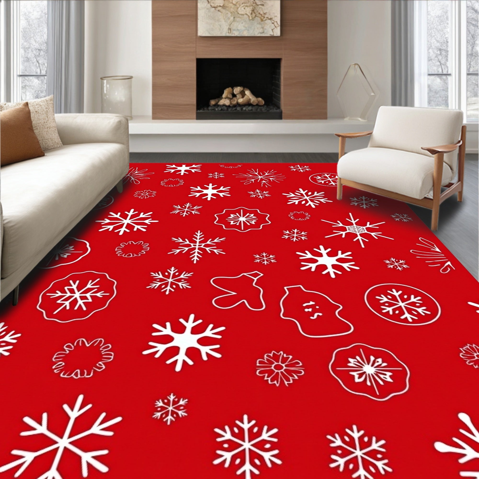 White Snowflakes On Red Field Rug