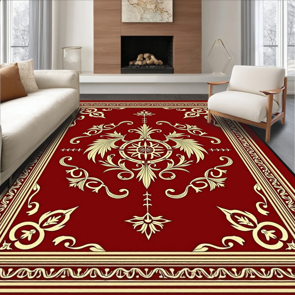 Crimson Golden Floral Medallion Border Rug