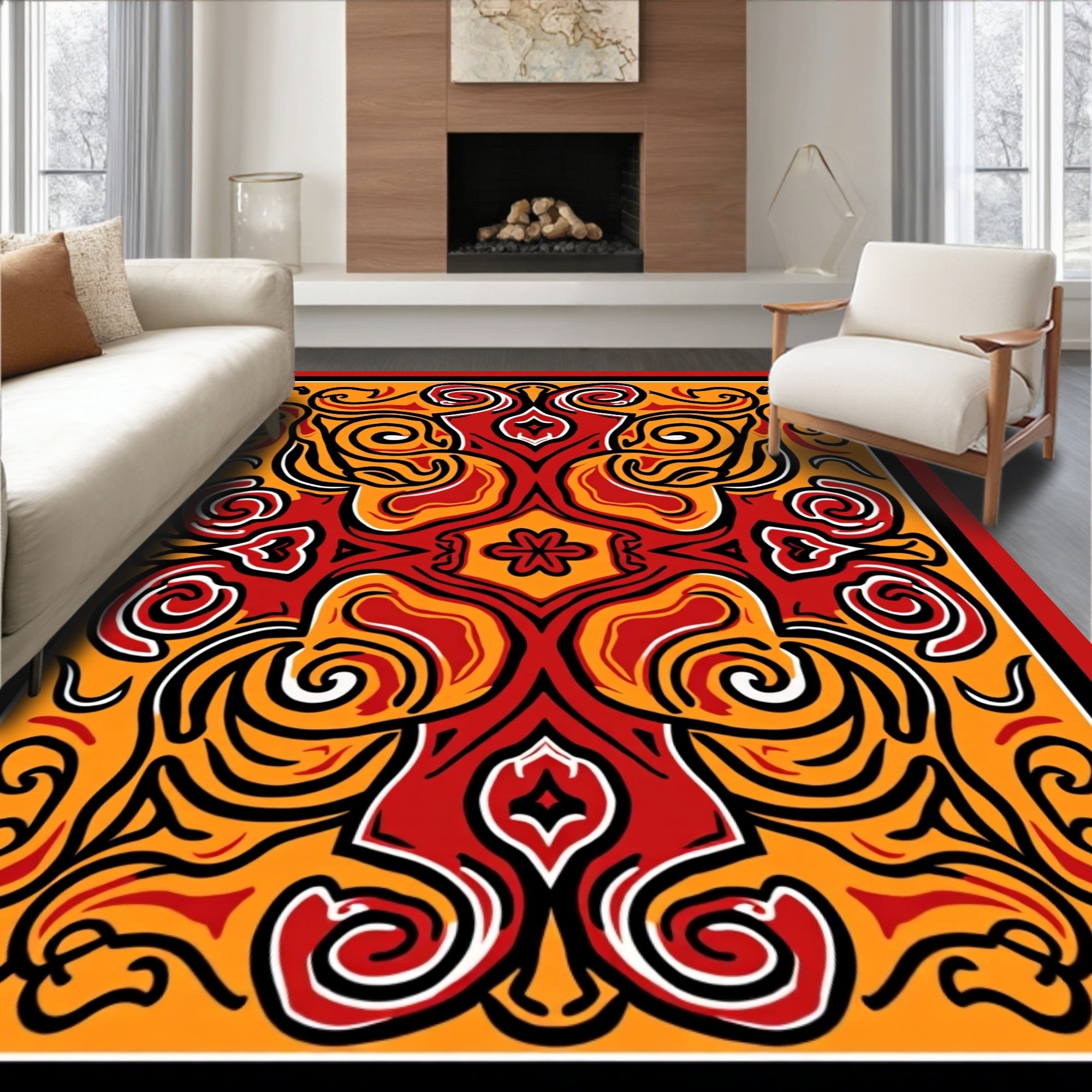 Vibrant Red Yellow Symmetry Swirls Rug