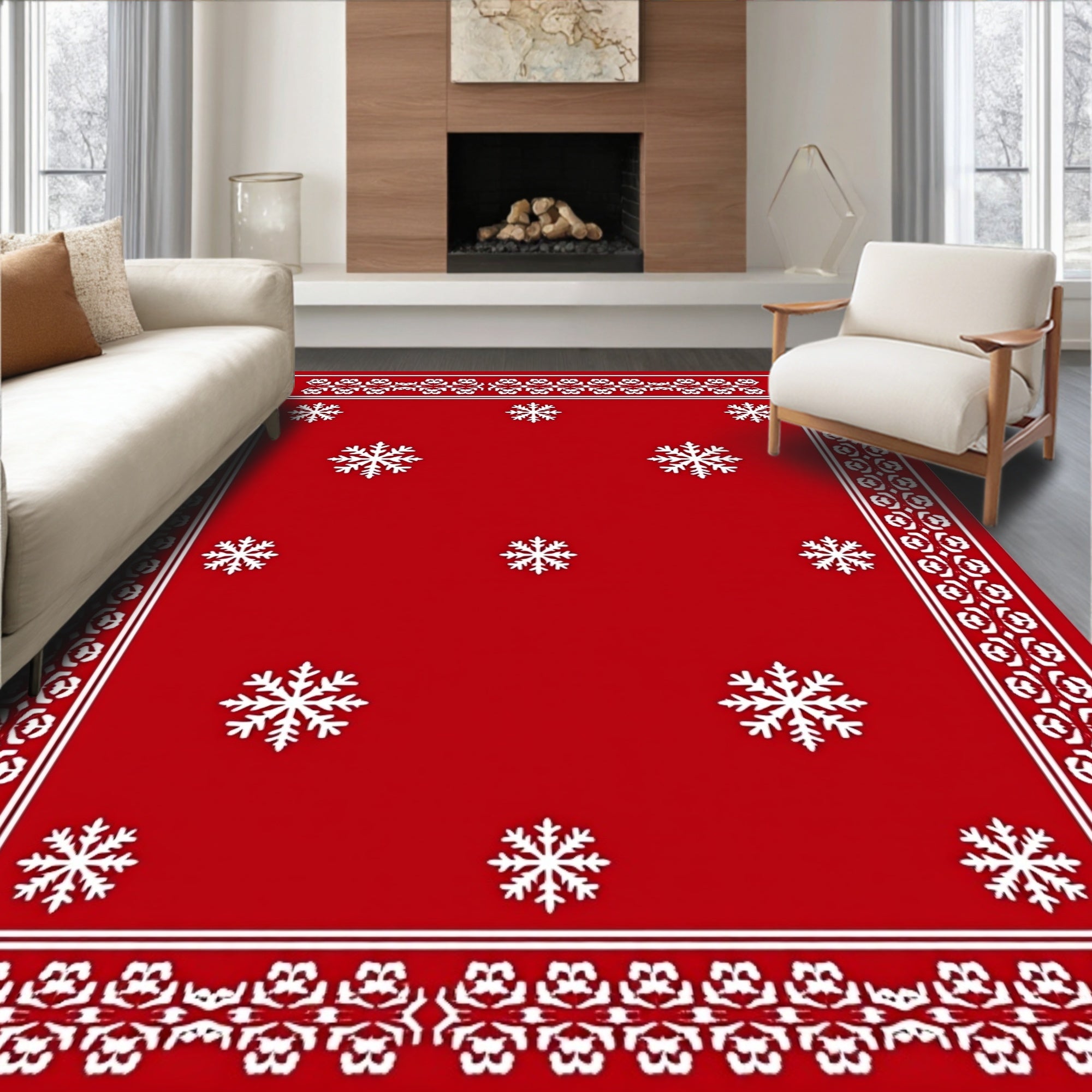 Festive Red Snowflake Border Rug