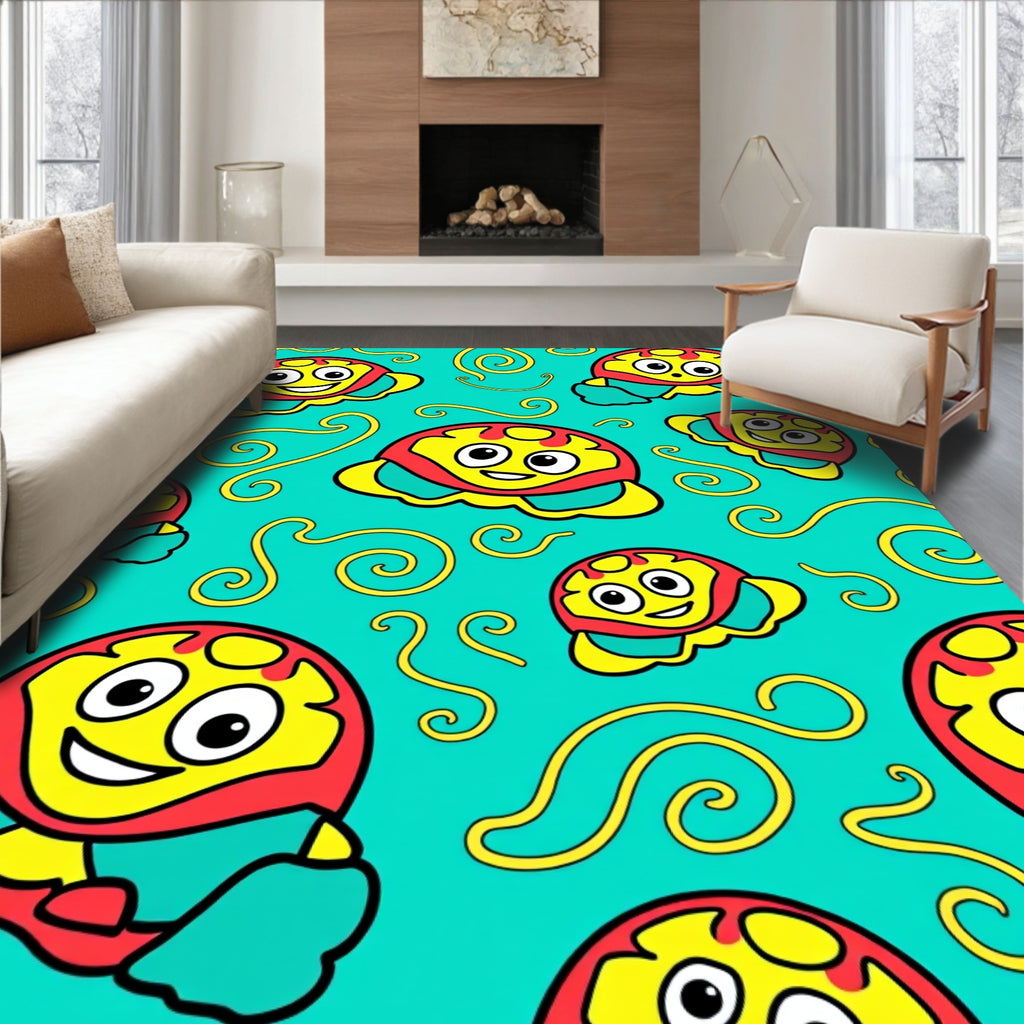 Whimsical Cartoon Characters on Teal Background Rug