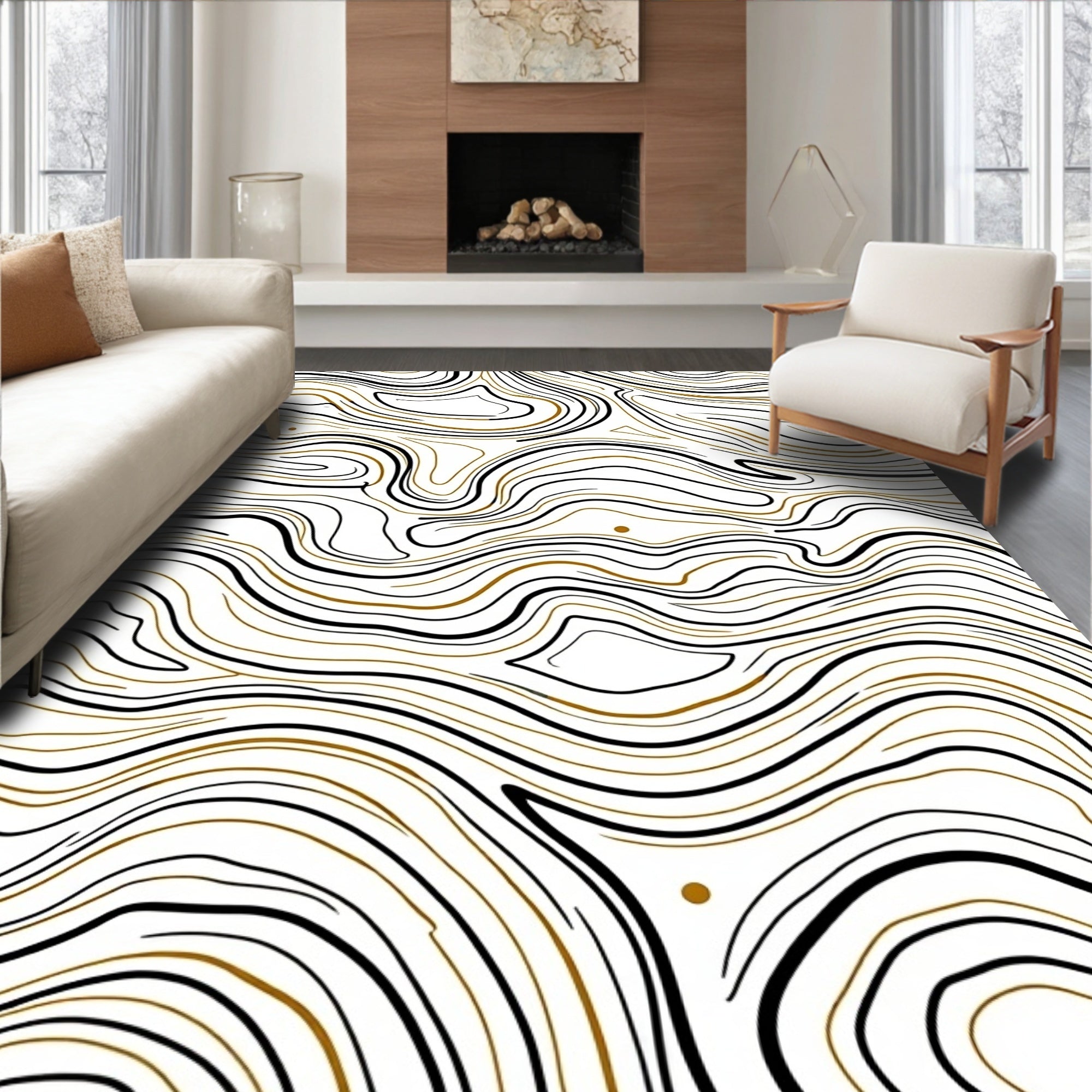 Abstract Black Gold Contour Flow Rug