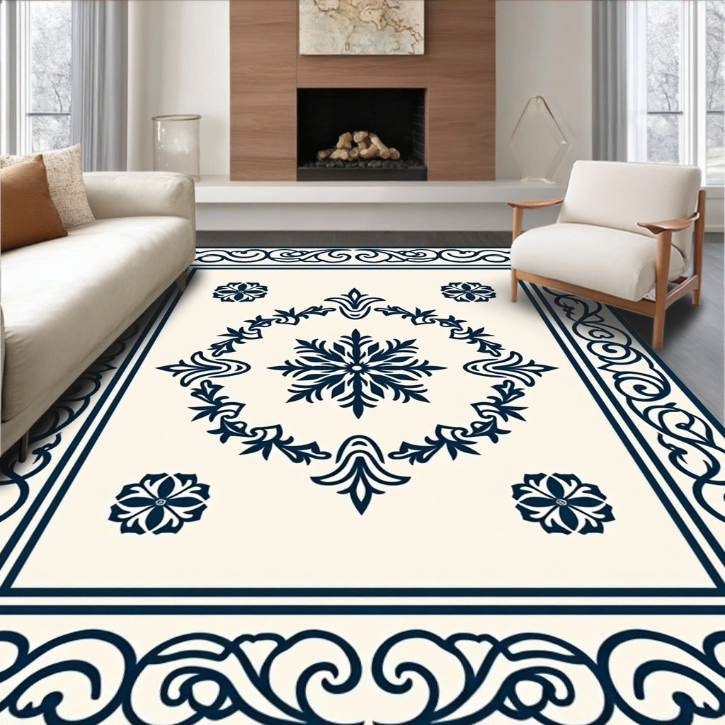 Navy Blue Floral Border Medallion Rug
