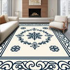 Navy Blue Floral Border Medallion Rug