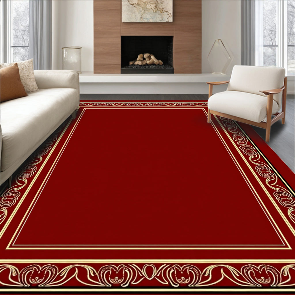 Deep Red and Gold Flourish Border Rug