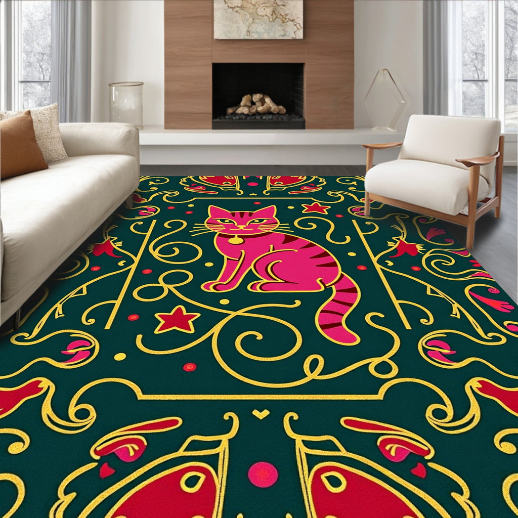 Pink Feline Whimsical Floral Embrace Rug